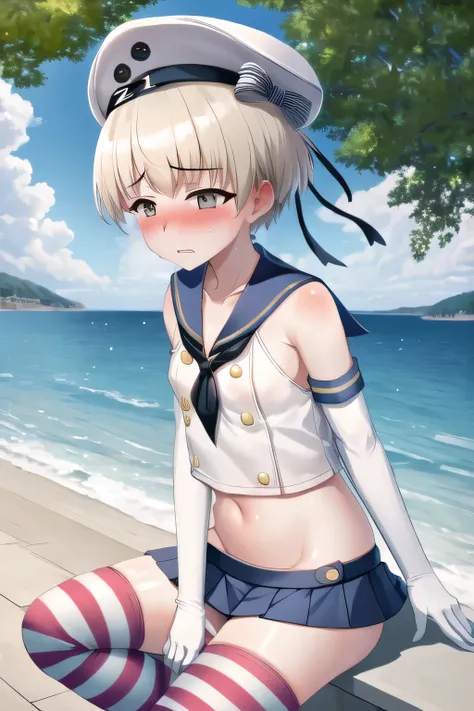 z1lebKC, 1girl, solo, short hair, sailor hat, short hair, NSFW, flat chest, outdoor, seaside, shimacos, crop top, microskirt, thighhighs, elbow gloves, embarrassed, blush, (masterpiece), highly detailed, best quality, (high resolution), 8k, 1girl, solo