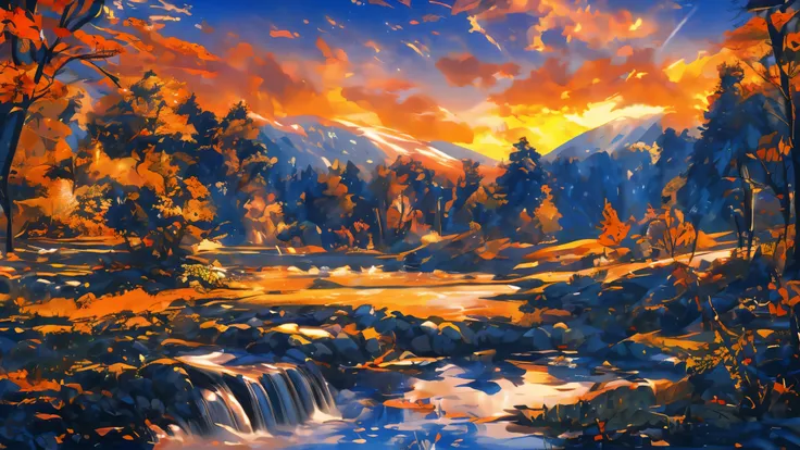 masterpiece,best quality,lycoris,Rocky valley, waterfall,small stream,depth of field,dusk,orange sky,sunset,glow, glowing rainbow over stream,autumn,maple,fallen leaves, mountain ((tileset))