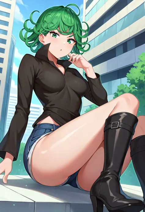 score_8_up, score_7_up, score_6_up, score_5_up, score_4_up, anime screenshot, tatsumaki, green hair, green eyes, short hair, curly hair, thighs, thighs, wide hips, big breast,
BREAK
city, Thigh-high heeled boots, denim shorts, sitting



