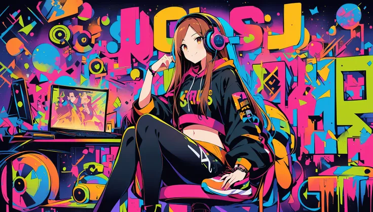 A striking illustration captures the essence of high-fashion confidence in a young white woman with long brown hair and detailed brown eyes... She sits in front of the computer playing a game and smiles slightly... She wears an impressive outfit, including...