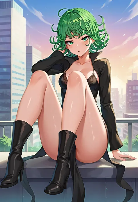 score_8_up, score_7_up, score_6_up, score_5_up, score_4_up, anime screenshot, tatsumaki, green hair, green eyes, short hair, curly hair, thighs, thighs, wide hips, big breast,
BREAK
city, Thigh-high heeled boots sexy lingerie, sitting


