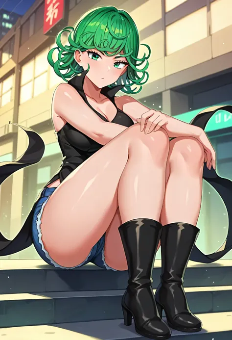 score_8_up, score_7_up, score_6_up, score_5_up, score_4_up, anime screenshot, tatsumaki, green hair, green eyes, short hair, curly hair, thighs, thighs, wide hips, big breast,
BREAK
city, Thigh-high heeled boots, denim shorts, sitting, strapless top



