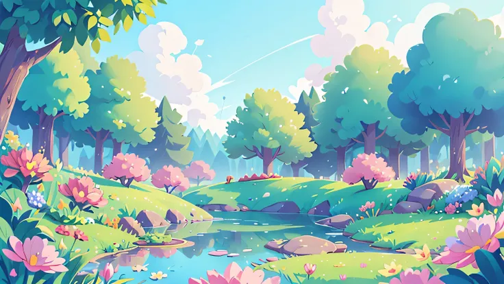 the small lake, a path with colorful flowers, anime style, vector illustrator, best quality, cloudy, morning blue sky, pink and blue tone, gradient background, high quality, masterpiece,
