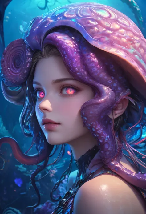 (best quality,4k,highres,masterpiece:1.2),ultra-detailed,(realistic,photorealistic:1.37), (1 beautiful medusa-like female alien who is 18yo:1.8), underwater, vibrant colors, bioluminescence, surreal, grotesque, beautiful detailed eyes, detailed lips, slimy...