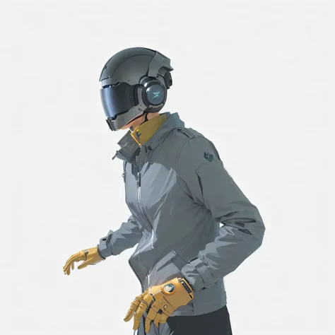 A man with a helmet and a jacket walks, futuristic clothing and helmet, VR helmet on man, with futuristic equipment and helmet, unRealistic character concept, Realistic character concept, Side view of the future encoder, robot cyborg con auriculares vr, mo...