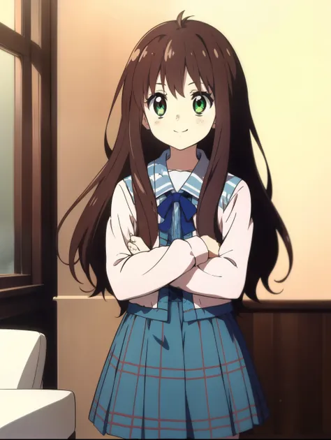 Ai shindou, 1girl, solo, long hair, floating hair, blue skirt, blue uniform, brown hair, long sleeves, spectral body, 1 blue sea eye, 1 green jade eye, heterochromia, cute smile, plaid skirt, ribbon, cowboy Shot,
Blue flame in the room,
masterpiece, high q...