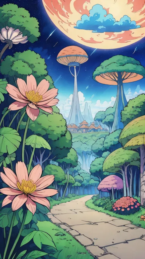 /imagine prompt: Viral anime nature wallpaper in 4K quality, in the style of illustration inspired by Akira Toriyama, featuring a fantastical jungle with oversized plants, vibrant flowers, and exotic animals; bright and playful color temperature, cosmos li...