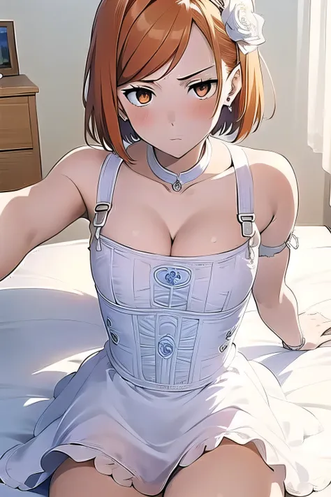 (masterpiece, best quality:1.2), 1girl, female solo, orange eyes, short hair, 160 cm, ginger hair, ch1nac0rs3t, cleavage, overbu...