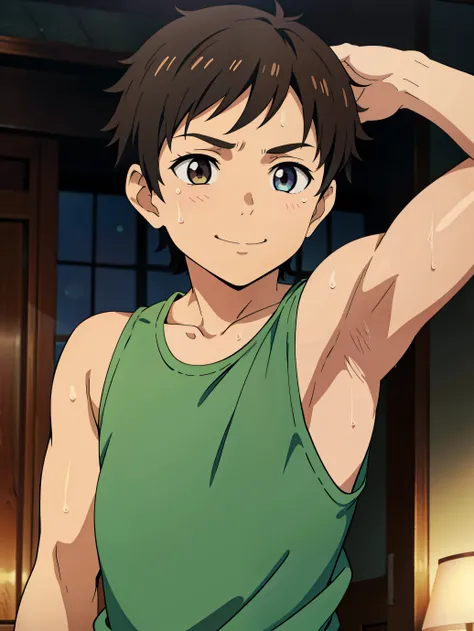 Highres, Masterpiece, Best quality at best,Best Quality,hight quality, hight detailed, Anime style, 1boy, young boy, Tank top, cuddle, pretty face, Shota, young slightly muscular boy, 10-years-old, handsome, whole body, (Showing armpit:1.3), (Very young bo...