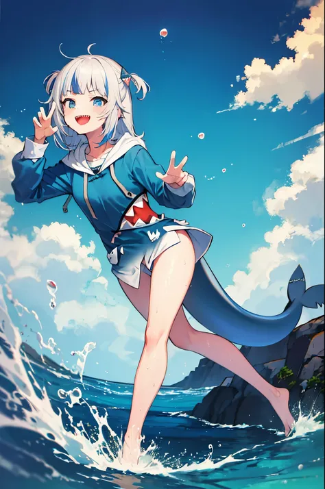 2d, masterpiece, best quality, anime, highly detailed, full body, 1young_teen_girl, solo, gura_hoodie, blue hoodie, shark hood, standing, :d, sharp teeth, in_deep_sea_background , underwater_landscape,,bubble.happy,dynamic_floating_pose,rise_hands,open_leg...