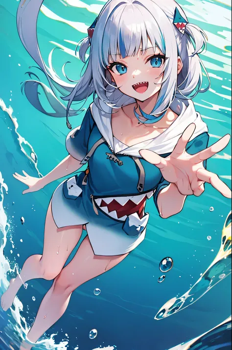 2d, masterpiece, best quality, anime, highly detailed, full body, 1young_teen_girl, solo, gura_hoodie, blue hoodie, shark hood, standing, :d, sharp teeth, in_deep_sea_background , underwater_landscape,,bubble.happy,dynamic_floating_pose,rise_hands,open_leg...