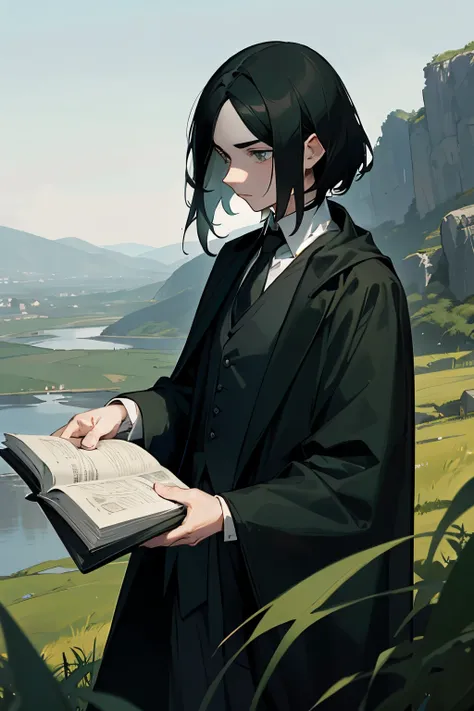 Teenage Severus Snape, wearing a black cloak over a white shirt and green-silver striped necktie, black hair, dark eyes, holding a book, landscape background