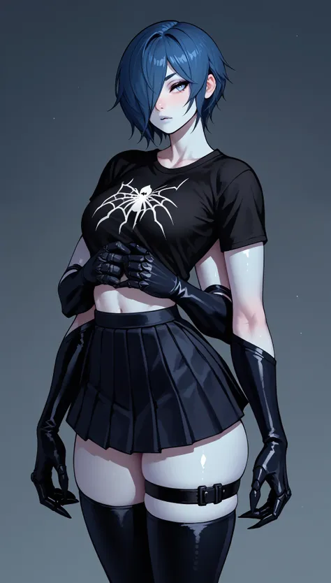 (zPDXL2), (PonyXLV6_Scores), source_anime, Expressiveh, solo, three-quarter portrait, BREAK

1woman, blue skin, 6arms, spider lady, Arachne, medium breasts, tiny waist, big ass, thick thighs, skinny, thigh gap, wearing black crop t-shirt, wearing black ple...