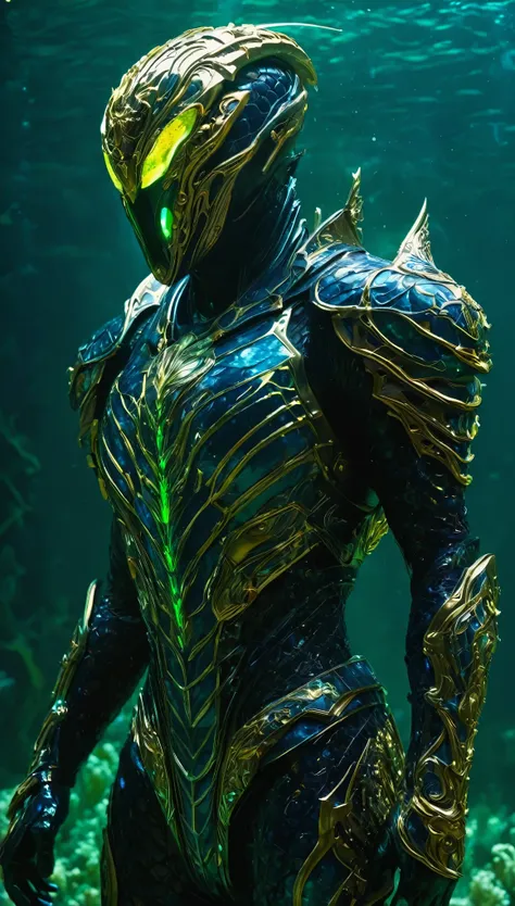 A breathtaking, cinematic science fiction portrait of the Black Abyssal Sentinel, a non-human warrior encased in a shimmering obsidian-black armor adorned with intricate gold patterns that pulse with faint green light. His face is completely masked by a fe...