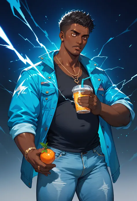 , score_9,score_8_up,score_7_up, mature men, African skin, Bright eyes, short black hair, bulk body shape,  wearing a blue jacket and  jeans pants, holding a black lightning in right hand, and a blue iced mist in the left hand, character design , illustrat...