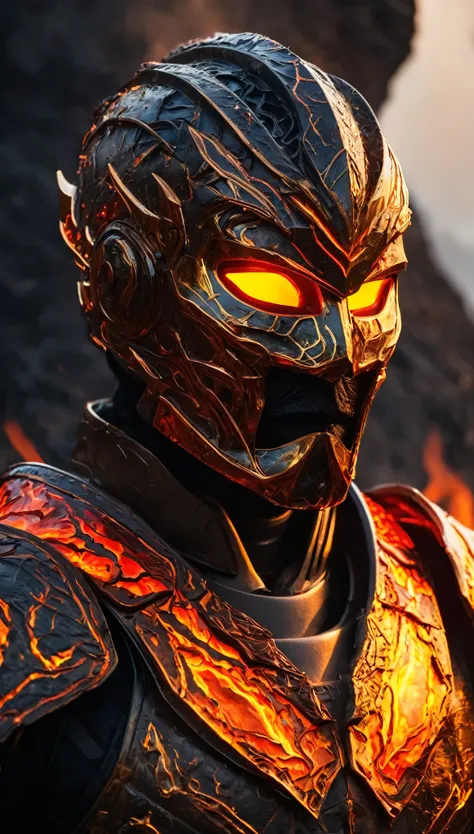 A breathtaking, cinematic science fiction portrait of the Masked Ember Sentinel, a non-human guardian encased in a deep, crimson-red armor interwoven with glowing bronze veins that pulse with molten energy. His face is entirely concealed behind a smooth, o...