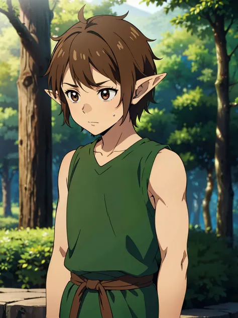 Highres, Masterpiece, Best quality at best,Best Quality,hight quality, hight detailed, 1boy, Shota, Elf boy, elf ear, elf forest, Wearing sleeveless clothes, Sleeveless armor, Brown hair, messy hair, sweat, upper body, Depth of field, Anime Screencap Style...