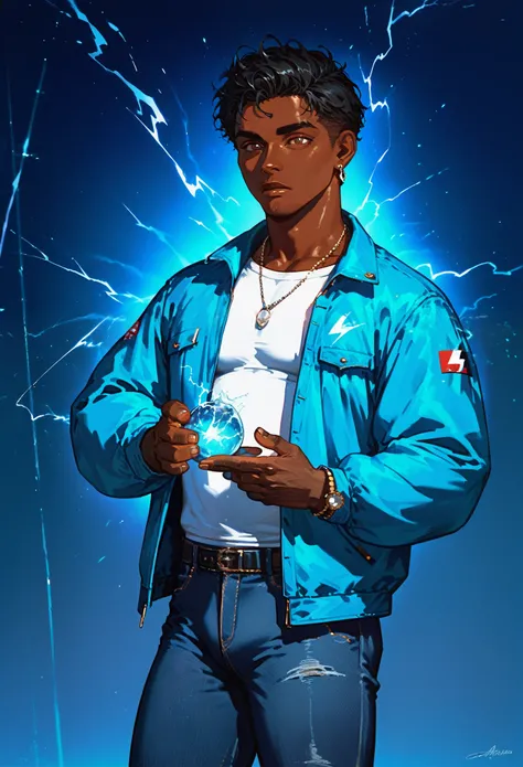 , score_9,score_8_up,score_7_up, mature men, African skin, Bright eyes, short black hair, bulk body shape,  wearing a blue jacket and  jeans pants, holding a black lightning in right hand, and a blue iced mist in the left hand, character design , illustrat...