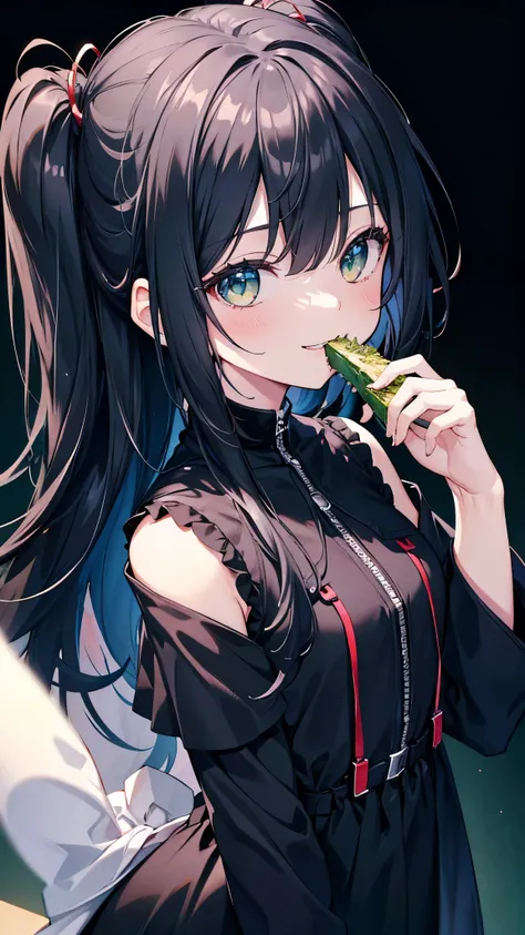 High image quality、High resolution、Girl with the image of the sin of gluttony、Crazy smile、Black Hair、Eating people、Modern clothing、Make your eyes clearer、The back of the hair is green、Dark Background