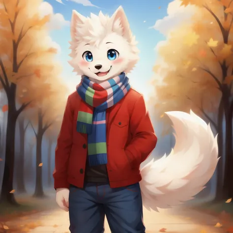 Samoyed, boy, Cuteness, blush, happy face, Blue eyes, red jacket, jeans, bare foot, standing, scarf,