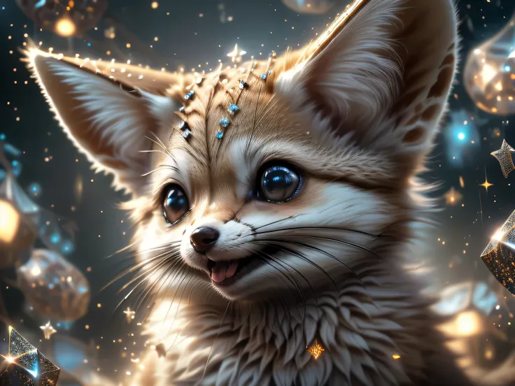 close-up photo super cute, big-eyed, with a soft, gentle nose, fluffy, smiling with two teeth, fennec fox on a natural background, realistic, beautiful, sparkles, stars in the eyes, soft volumetric light, (backlight:1.3), (cinematic:1.2), intricate details...