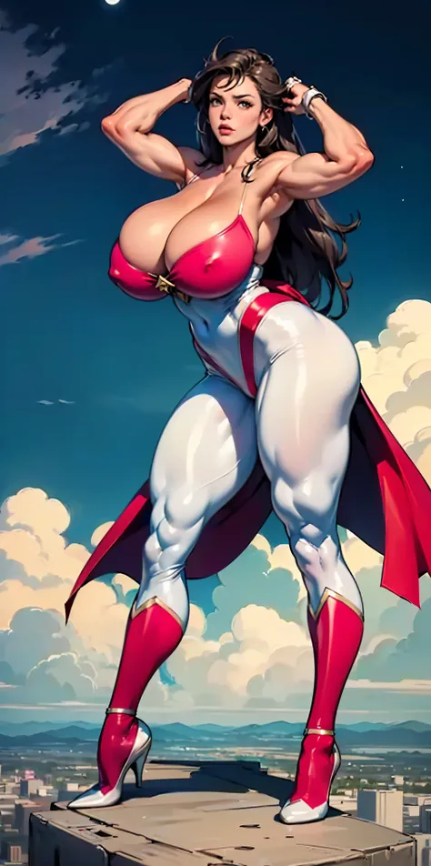 (Masterpiece, 4K resolution, ultra-realistic, highly detailed), (White costume superhero theme, charismatic, girl on top of the city, wearing light pink costume with cleavage, superheroine), (((gigantic breasts, sagging breasts))),  (long hair:1.2), full-b...