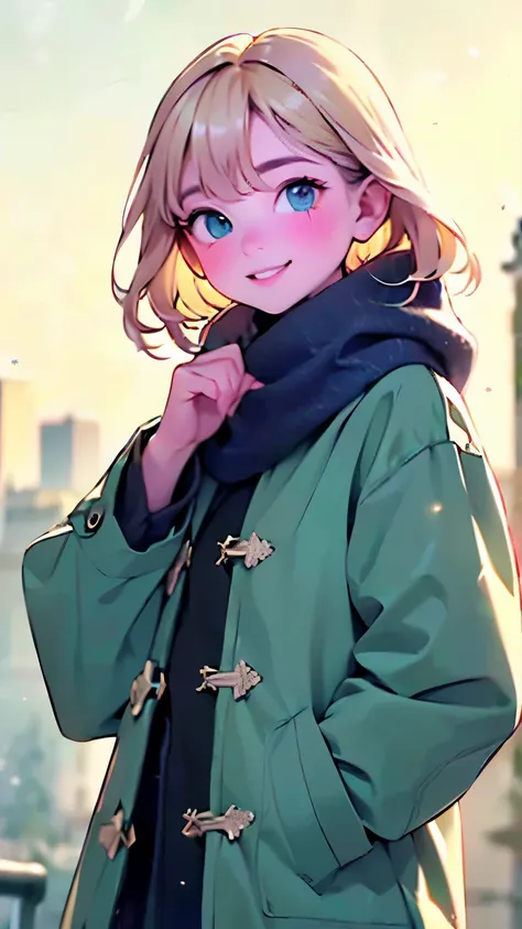 RAW Photos、Realistic、Best Quality、masterpiece、、With a smiling girl wearing a duffle coat 、Oversized duffle coat、Large scarf、((Soft blonde hair:1.3))、Cold Morning、Red cheeks、I take a deep breath、The world is about minus 5 degrees、Sparkling diamond dust、On t...