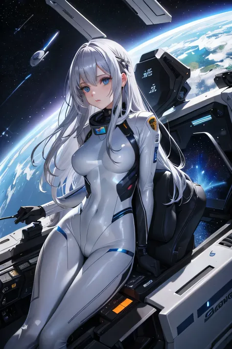 Perfect Anatomy　Best Quality,Highest Resolution,(((Bodysuits　Space Suit　Silver Hair　Long Hair)))　unlimited routes　Space Opera　Spaceship　cockpit　cool