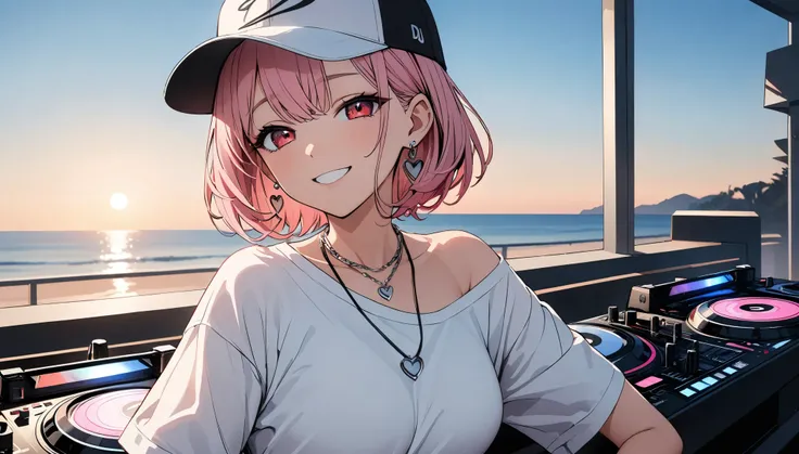 (high quality, 8k, 4K, High Contrast, masterpiece:1.2, 最high quality, Best aesthetics),high angle shot, ((1 female:1.4)),((Operating DJ equipment:1.5)), ((Blue sky seaside background:1.3)), (Loose Fitting White Color Shirt:1.1), (Simple Baseball Cap) ,DJ h...