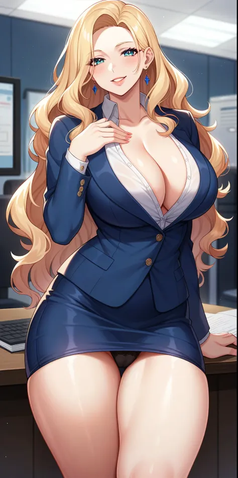 Adult, female, mature, blonder hair, voluminous bangs, long wavy hair, blonder hair, long hair with bangs, perfect 2 color eyes, perfect blue irises, voluptuous body, big breasts, plump lips, slender figure, company secretary, blazer and black pencil skirt...