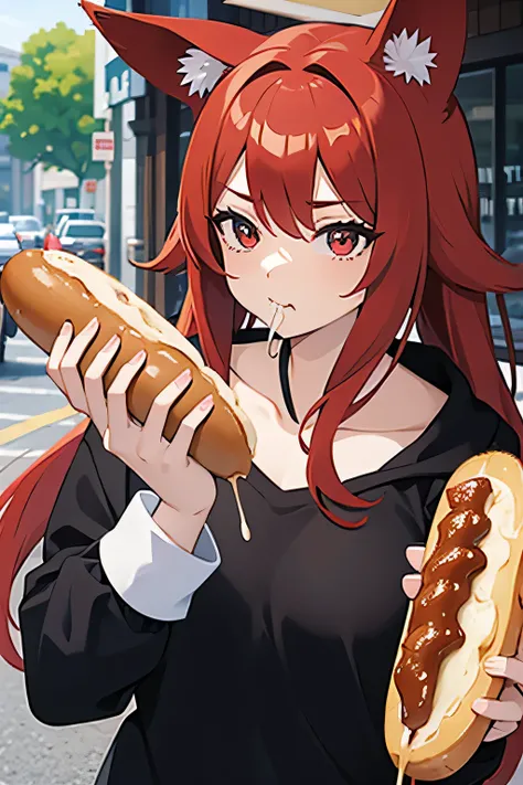 anime girl with dog ears , red hair , eating a hot dog , at a street