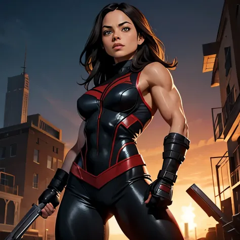 Kristin Kreuk is X-23 from the Marvel comicsheavily muscular, bodybuilder&#39;s veins, highly detailed eyes, highly detailed muscles, highly detailed veins, wearing X-23 uniform, x-23 claws, On all fours 