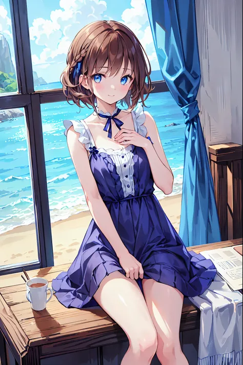 Very cute and beautiful girl sitting near the window,(Blue checked summer dress),Sleeveless,Fine lace, (Very exquisite beautiful face and eyes),２０Age，Brown Hair，Shortcuts，Messy Hair，Short braided hair，Slender beauty，A dignified posture，Small chest，Beautifu...