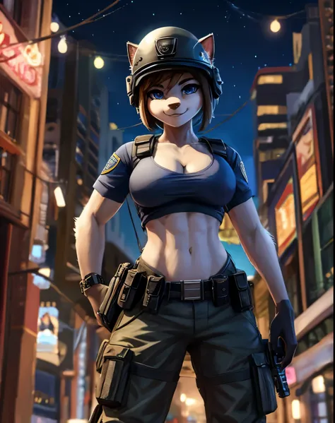 1girl, (smiling :1.1), (Best Quality, 8k, Masterpiece), (Medium Shot :1.2), big tits, big ass, thin waist, toned legs, cat girl, animal nose, black and white fur, fur, wearing a black cargo pants and cleavage blue t-shirt, s.w.a.t. equipment, police tactic...