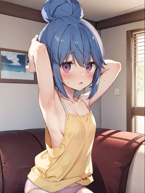 ((Shima Rin)),  Bun Head, from above, (blush, sweat, shy), (camisole), Raise one arm, armpit, Pink Panties, Detailed depiction of underwear, Small Breasts Living Room, Sofa, Detailed breast depiction, cute girl,  Detailed background depiction, Vivid depict...