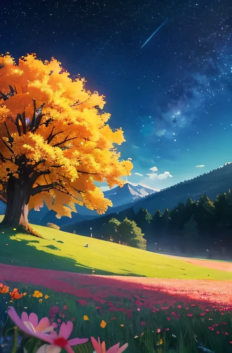 /imagine prompt: Viral anime nature wallpaper in 4K quality, in the style of Pixar 3D inspired by Toy Story, showcasing a lush meadow filled with colorful wildflowers, a clear blue sky with fluffy clouds, and a single majestic tree standing in the middle; ...