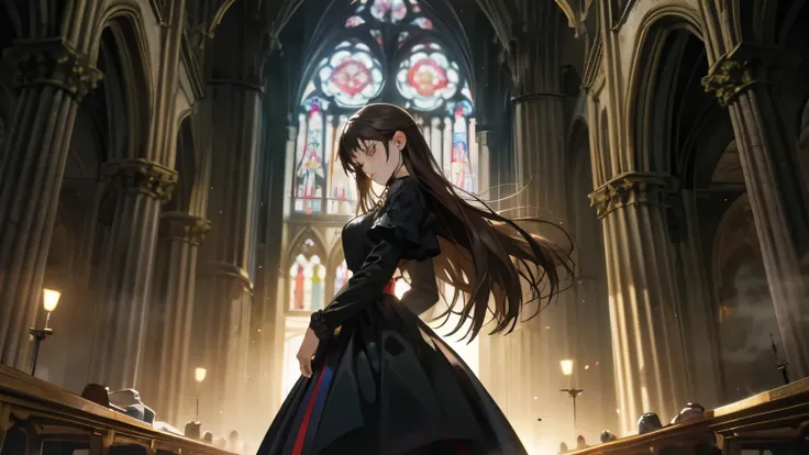 "Im not one of those souls..."
"A mysterious anime female character with long, flowing dark hair, standing alone in a dimly lit, gothic cathedral. Her eyes are closed, with an expression of pain and resolve, as if struggling against inner turmoil. The cath...