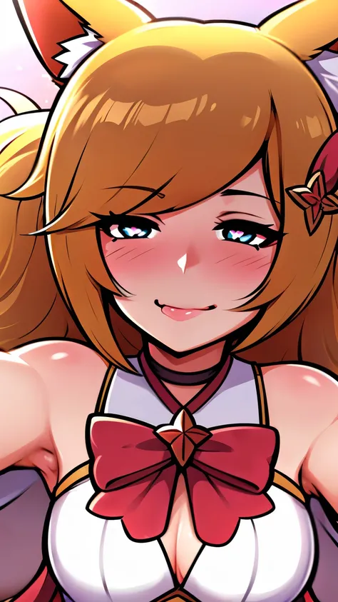 Celling background, Heart-shaped_pupils, starguardianahri, elbow gloves, hair ornament, (skirt:1.1), star guardian (league of legends, blonde hair, long hair, fox tail, fox ears, blue eyes, small breasts, ((upper body:1.1)), 1girl solo, kabedon pov, smile,...