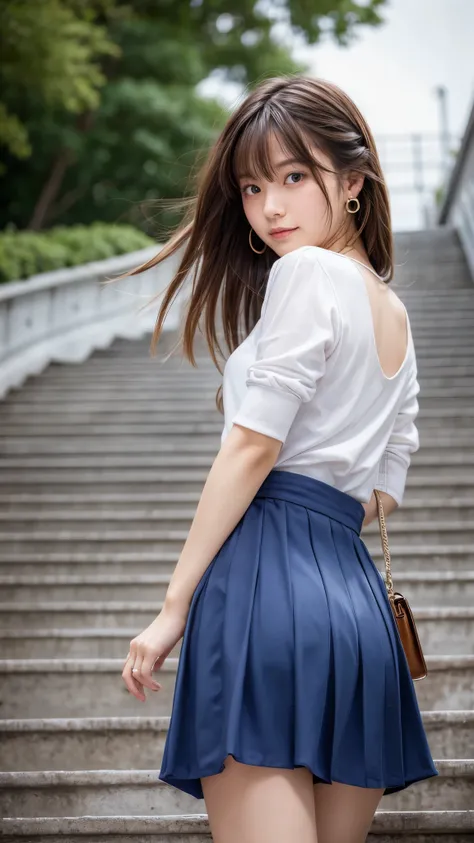 Best Quality、Best image quality、8k、Highest Resolution、masterpiece、f/1.2、Nikon、Like a scene from a movie、Rear View、Girl climbing stairs、Japanese、Beauty、university student、Model-like body、Clean hands、Beautiful legs、Light brown hair、Straight Hair、Cross bangs、...