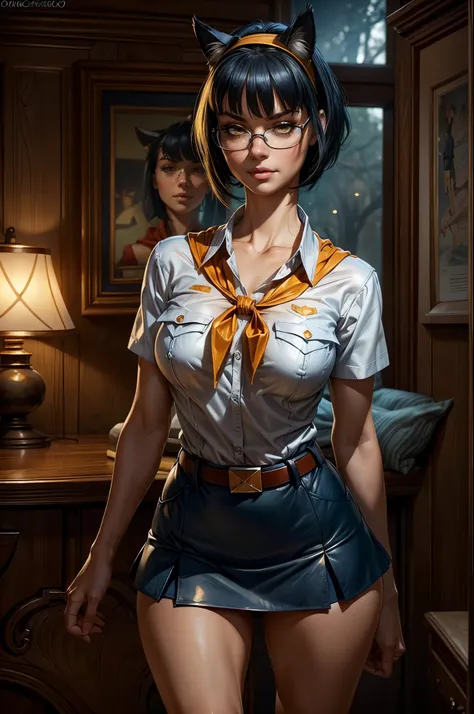 slim fit girl, full body shot, rounded face, very short disheveled dark blue hair, (big yellow eyes:1.3), glasses, shy smile, perfect small breast, band on head with fake cat ears, look at you, a strand of hair from the bangs hangs between the eyes, accura...