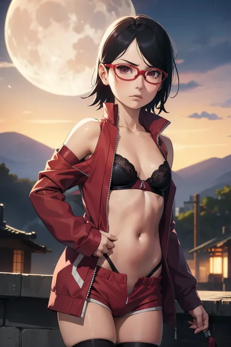 Sarada ,1girl , anime , masterpiece ,  color hair, jaqueta aberta open clothes ,flat  chest  , bra,  pantie  , fishnet thighhighs ,  angry agressive ,sexy   . Background moon . Standing 