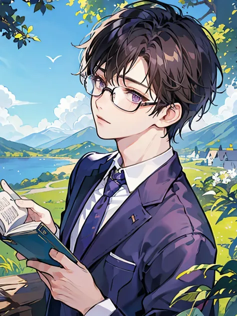 One Man、Close-up of face、Rin々Shii、Dark Brown Hair、Short Hair、Purple Eyes、In a suit、Blue tie、Glasses、blue sky、Reading a book under a tree