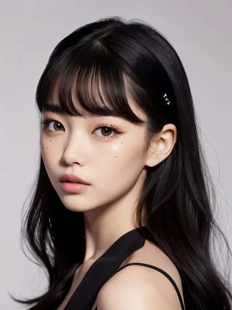 Kim Jennie with dark black hair, with curlers at the ends of dark black hair, with a star clip in her dark black hair, light colored eyes, beautiful eyes, crying eyes, beautiful, splash nose, [Labios beautifuls, Pink lips, heart shape lip and cupid, beauti...