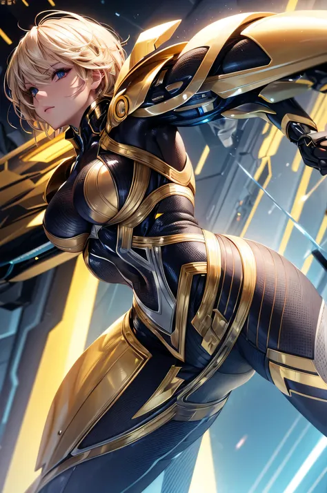 Beautiful blonde cyber girl looking at camera wearing futuristic clothes detailed muscles, realistic masterpiece, active pose, action pose, Led light |, gold pieces, Stripe, short hair, back view, back,big breasts, silver details,almond colored eyes, brown...