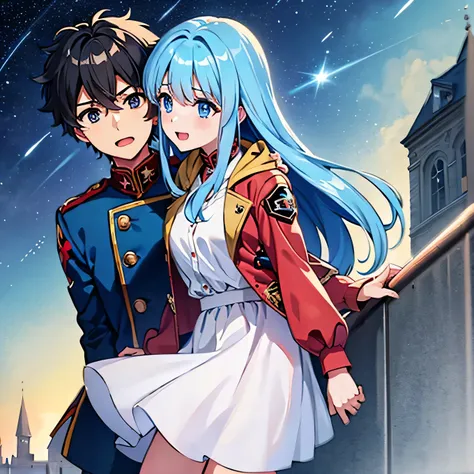 A girl with blue eyes and light blue hair, red blouse with yellow lines, pink panties and white skirt affectionately kissing a boy with short black hair on the lips, ojos marrones, lentes, red jacket with a night castle behind them and shooting stars in th...