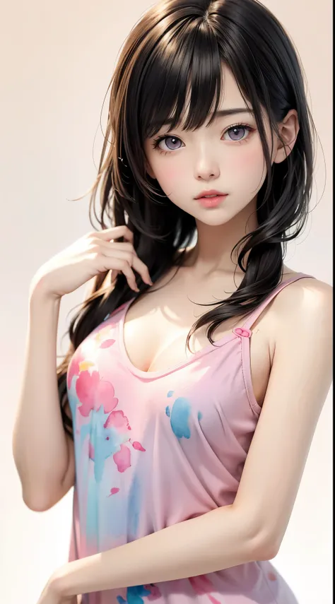 realistic photos, 8k、(((blurred background、watercolor style background)))、a girl、１６talent、anatomy、light pink eyes、#11: loose low...