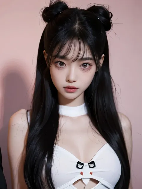 Kim Jennie with dark black hair, with curlers at the ends of dark black hair, with a star clip in her dark black hair, light colored eyes, beautiful eyes, crying eyes, beautiful, splash nose, [Labios beautifuls, Pink lips, heart shape lips and cupid, beaut...