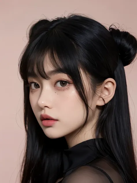 Kim Jennie with dark black hair, with curlers at the ends of dark black hair, with a star clip in her dark black hair, light colored eyes, beautiful eyes, crying eyes, beautiful, splash nose, [Labios beautifuls, Pink lips, heart shape lips and cupid, beaut...