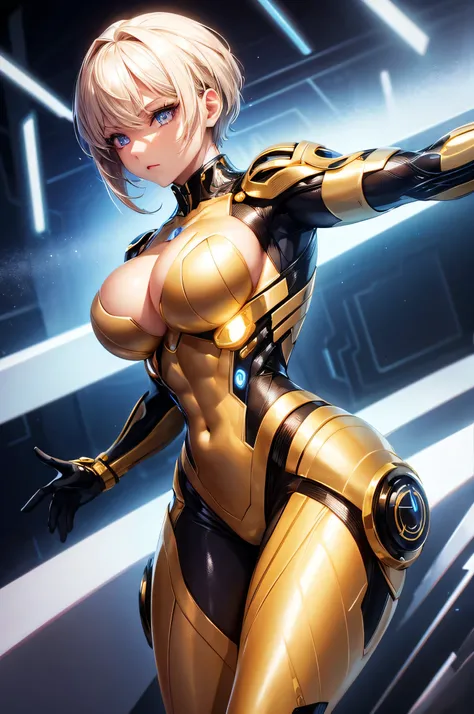 Beautiful blonde cyber girl looking at camera wearing futuristic clothes detailed muscles, realistic masterpiece, active pose, action pose, Led light |, gold pieces, Stripe, short hair, back view, back,big breasts, silver details,almond colored eyes, brown...