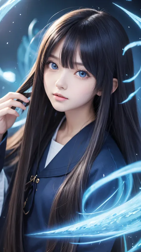 Anime illustration, long indigo hair, large eyes, small mouth, age 16, wearing navy blue wizard&#39;s uniform
